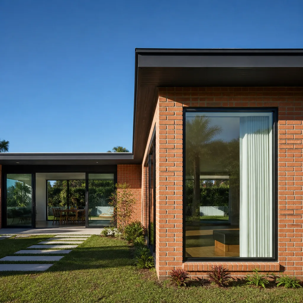 Modern home exterior featuring energy-efficient black frame window and door replacements