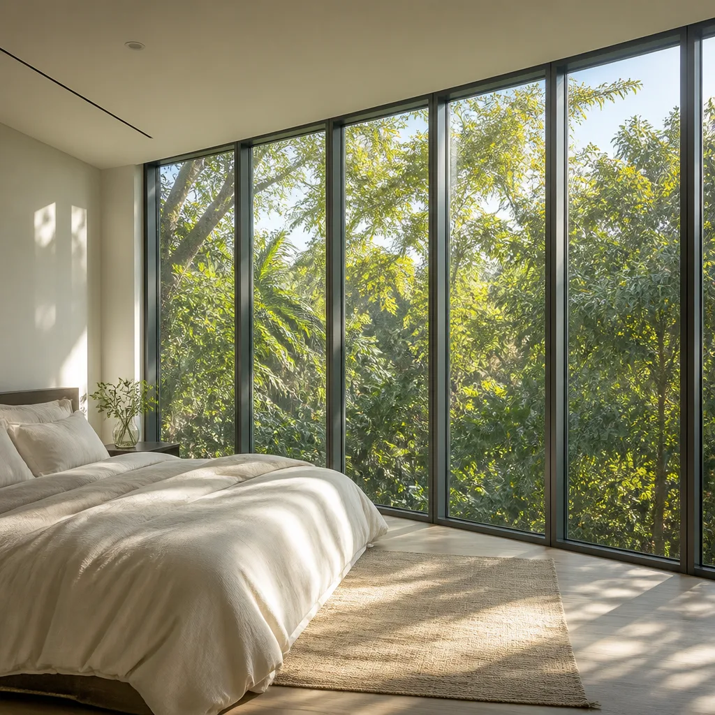 Floor-to-ceiling windows in a modern bedroom with forest views