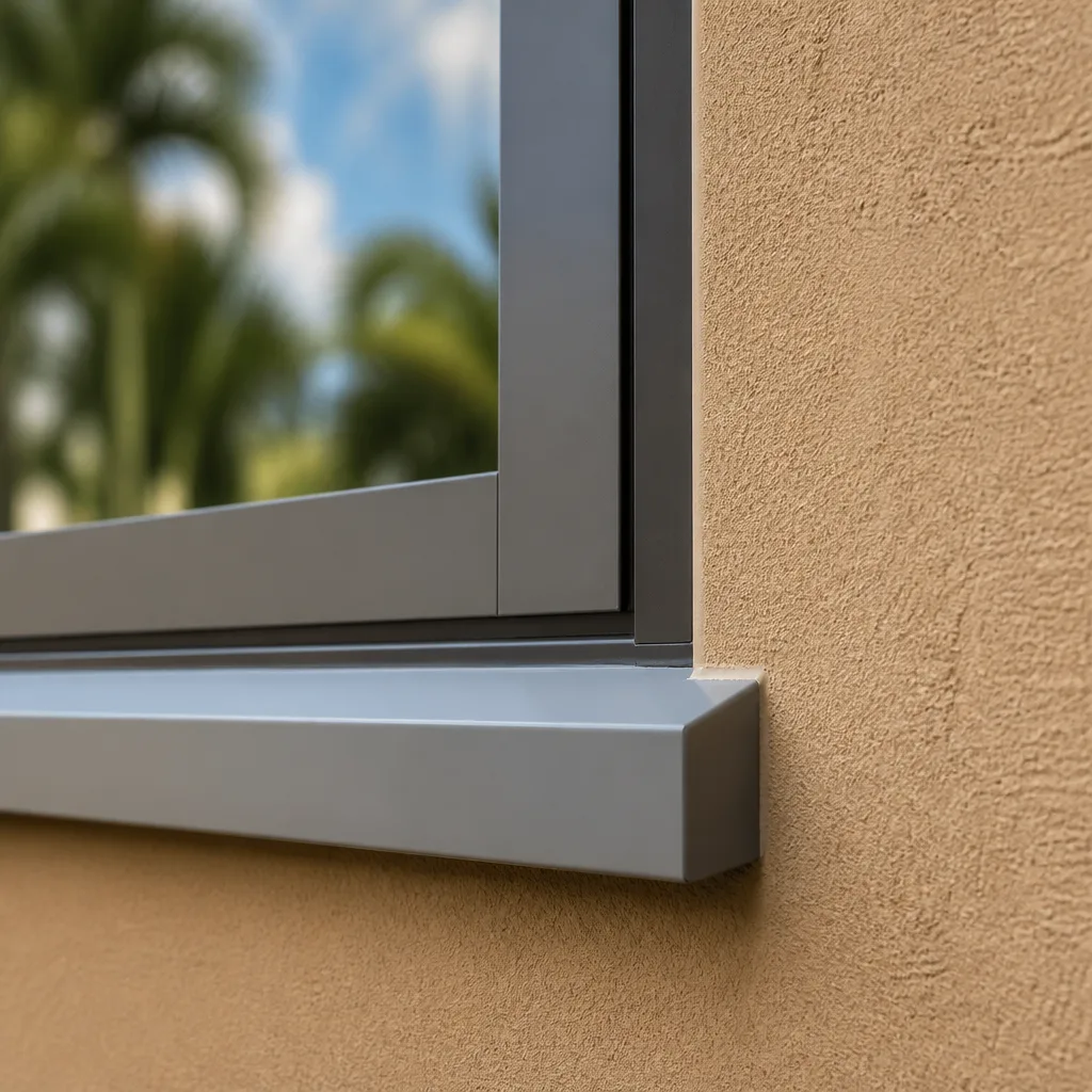 Modern gray aluminum window frame installation on textured stucco exterior
